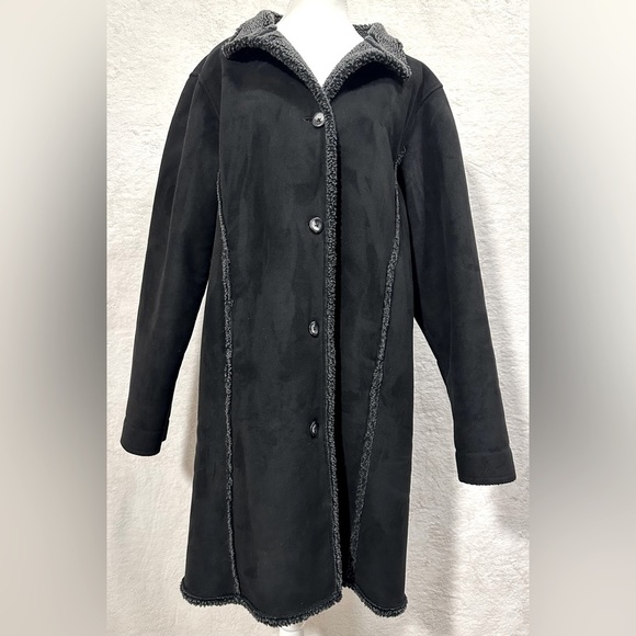 L.L.Bean women’s coat jacket long 4 buttons faux suede Sherpa collar detail - Picture 3 of 11